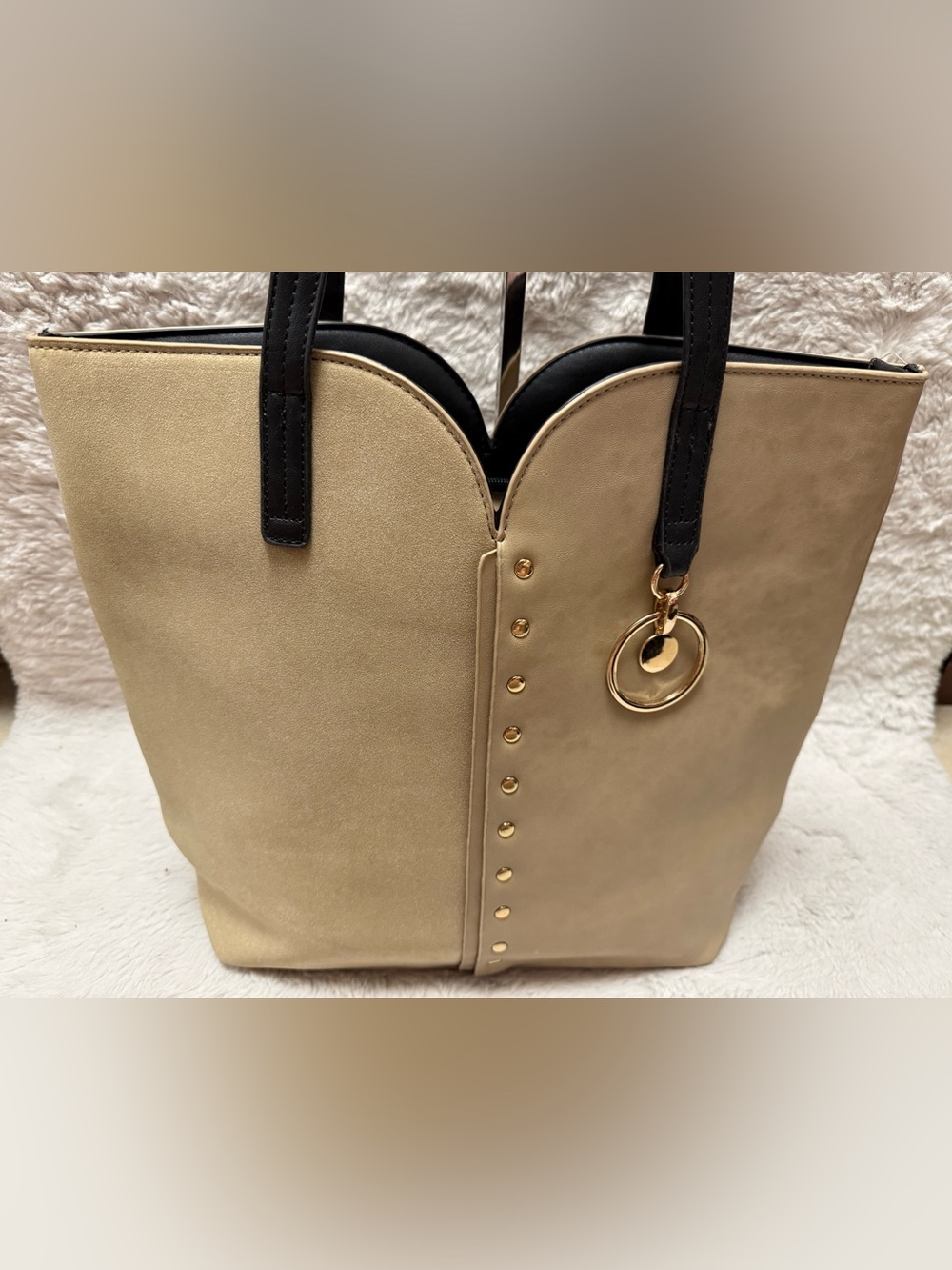 Bakers Beige Tote with Black Handles and Gold Ring Charm